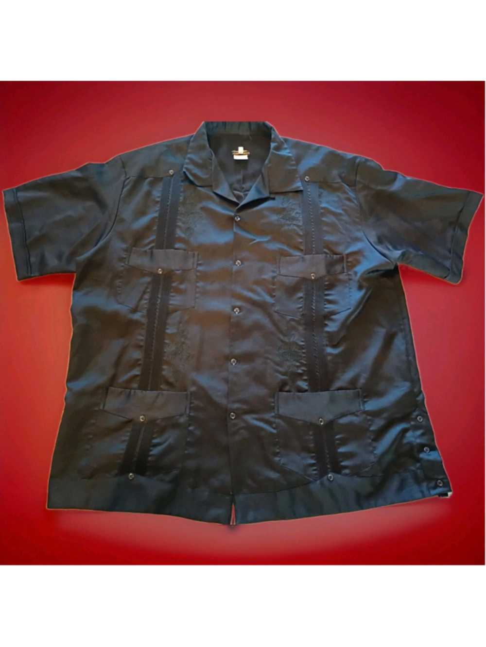 Copacabana Black Satin Guayabera Shirt-Sz 46- Made Merida Mexico Traditional